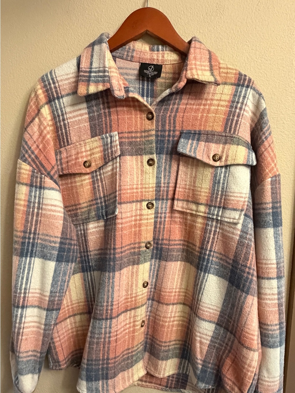 Plaid Utility Shacket Jacket - Peach & Slate Blue